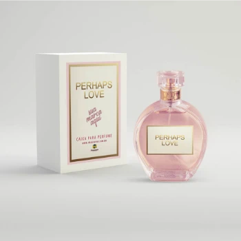Caixa para perfume de cor branca e ao lado dela está um vidro rosa de perfume