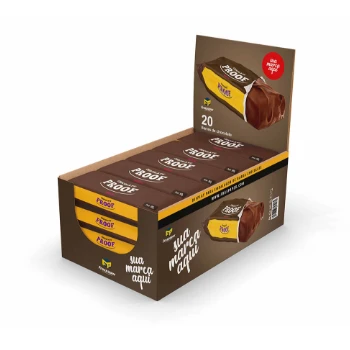 Display para barra de chocolate no formato retangular, aberto, na cor marrom, com o nome da marca e identidade visual em uma das laterais