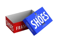 Caixa de sapato masculino vermelha com tampa azul, aberta