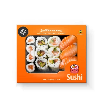 Caixa de sushi de cor laranja, com foto dos suhis estampada na parte central da embalagem e o nome da marca, em branco, na parte de cia.