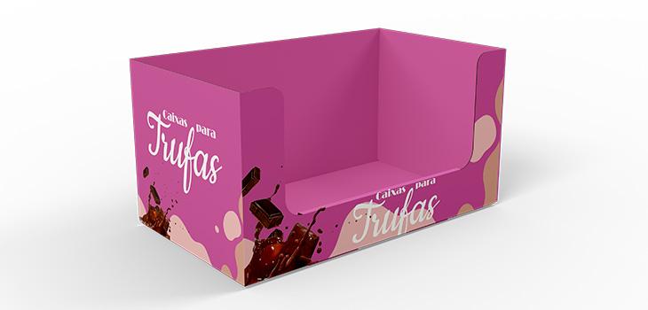 Caixa cor de rosa, escrito Trufas na lateral.